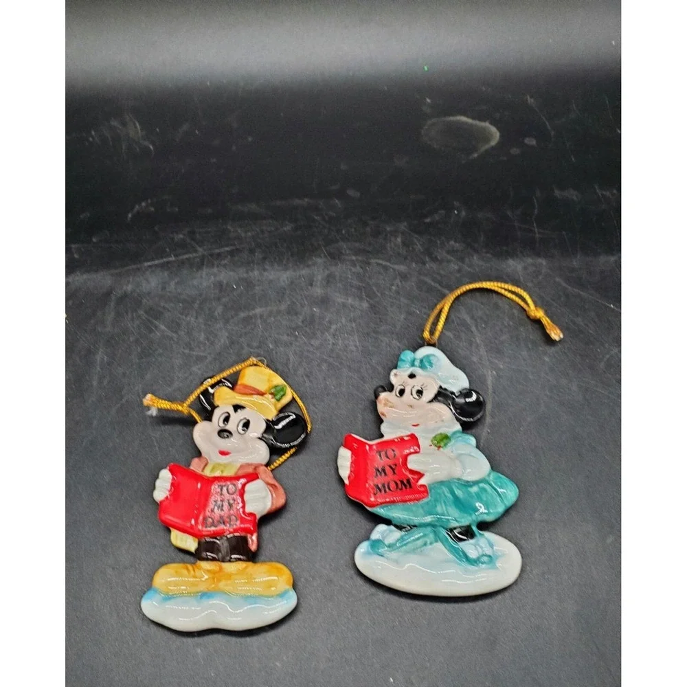 Vintage Set Of 2 Disney Christmas Ornaments Mickey Minnie Reading To My Dad